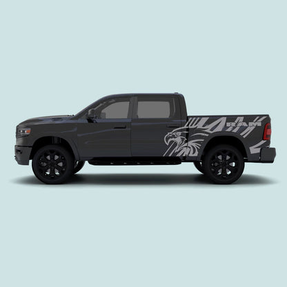 2019-present Ram 1500 American Eagle side decal kit in grey installed along the doors and bed side panels