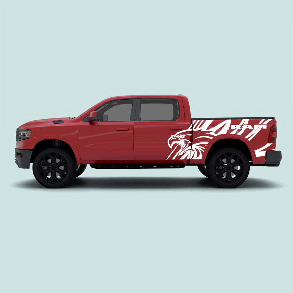 2019-present Ram 1500 American Eagle side decal kit in white covering the side doors and rear bed area