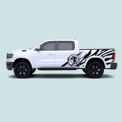 2019-present Ram 1500 with black Ram Head side decals across the doors and side bed