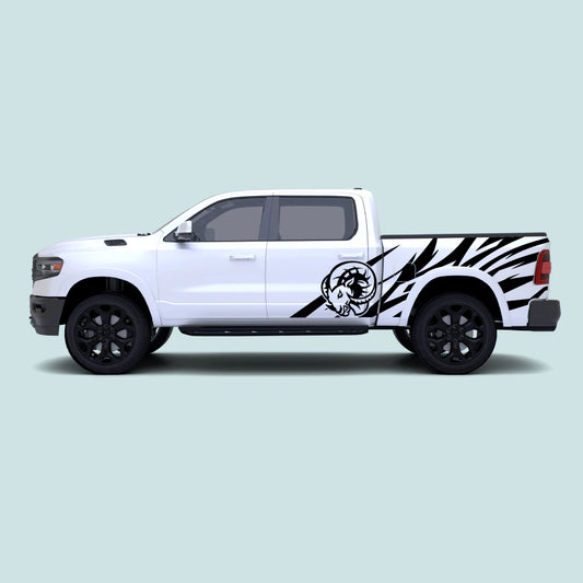 2019-present Ram 1500 with black Ram Head side decals across the doors and side bed