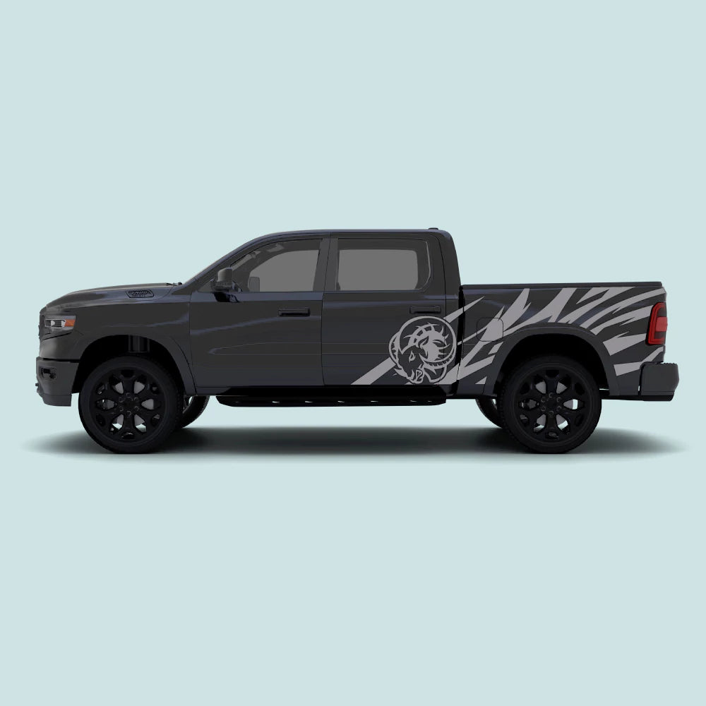 2019-present Ram 1500 with grey Ram Head side decals across the doors and side bed