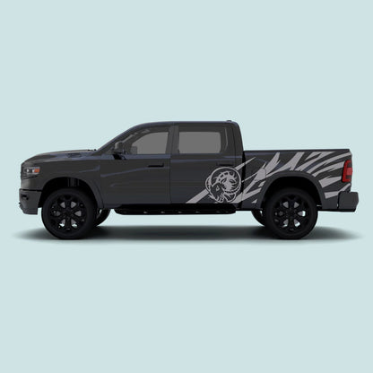 2019-present Ram 1500 with grey Ram Head side decals across the doors and side bed