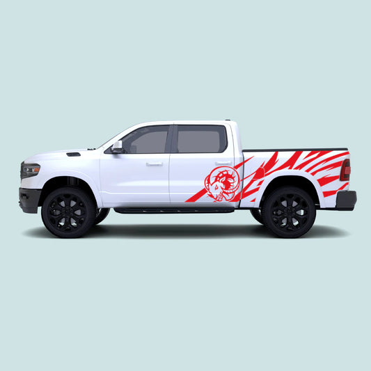 2019-present Ram 1500 with red Ram Head side decals across the doors and side bed