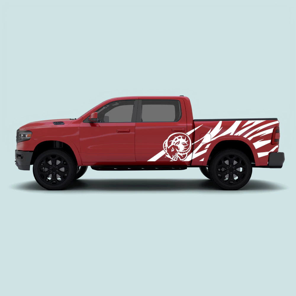 2019-present Ram 1500 with white Ram Head side decals across the doors and side bed