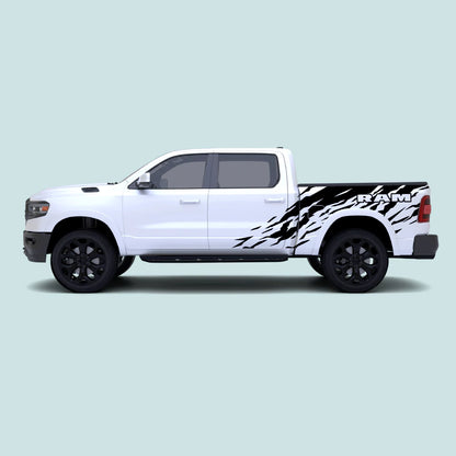 2019-present Ram 1500 with black Ram Splash Side Decals across the side doors and bed panels