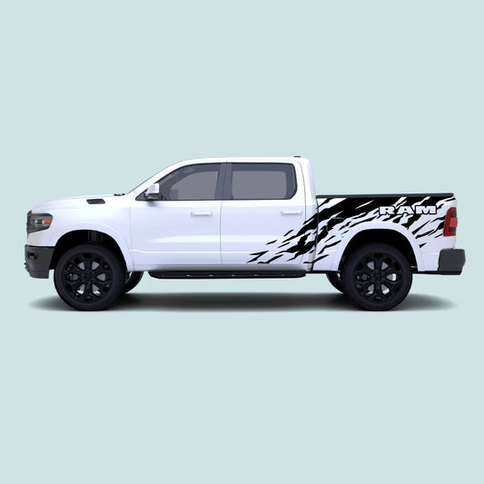 2019-present Ram 1500 with black Ram Splash Side Decals across the side doors and bed panels