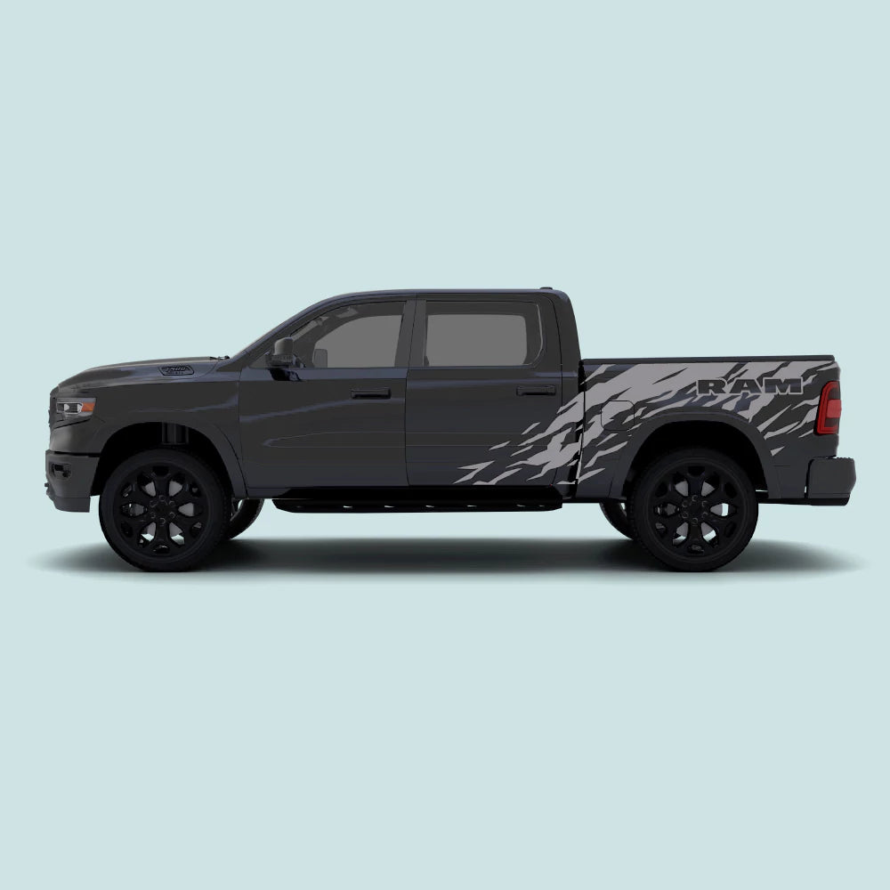 2019-present Ram 1500 with grey Ram Splash Side Decals extending across the side doors and truck bed