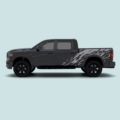 2019-present Ram 1500 with grey Ram Splash Side Decals extending across the side doors and truck bed