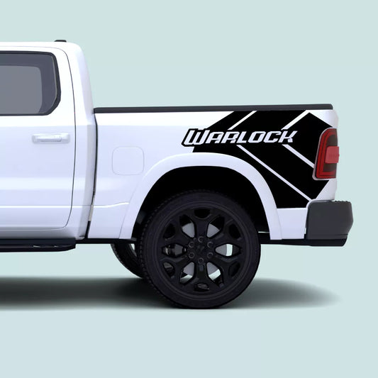 2019-Present Ram 1500 Warlock side bed decals in black installed on the rear truck bed panel