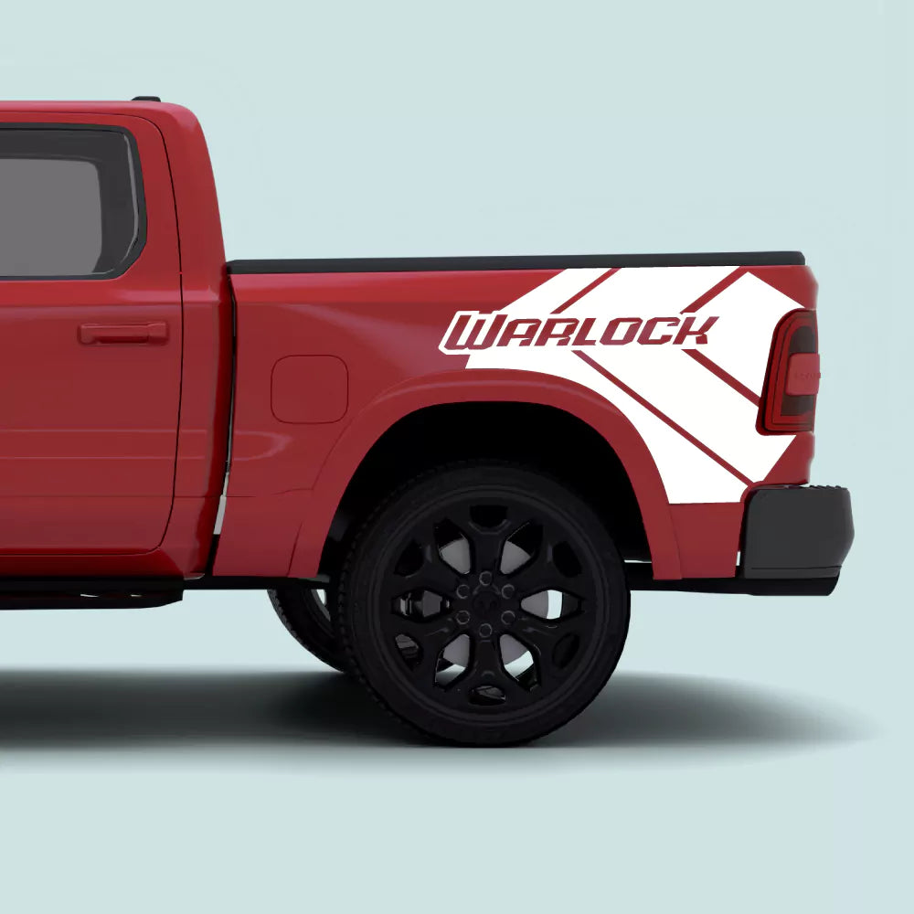 2019-Present Ram 1500 Warlock side bed decals in white installed on the rear truck bed panel
