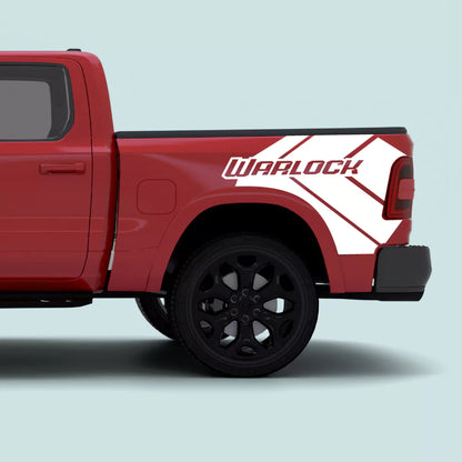 2019-Present Ram 1500 Warlock side bed decals in white installed on the rear truck bed panel