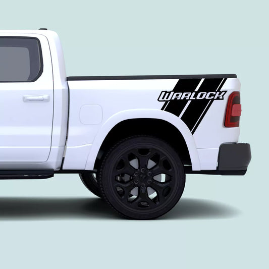 2019-present Ram 1500 with black Warlock side bed stripe decals and Warlock text graphics