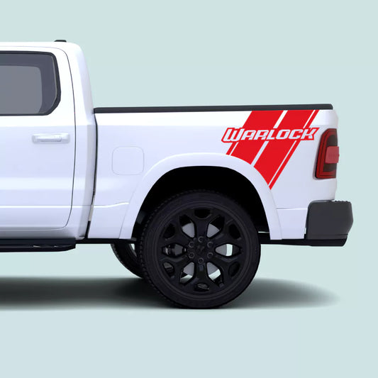 2019-present Ram 1500 with red Warlock side bed stripe decals and Warlock text graphics