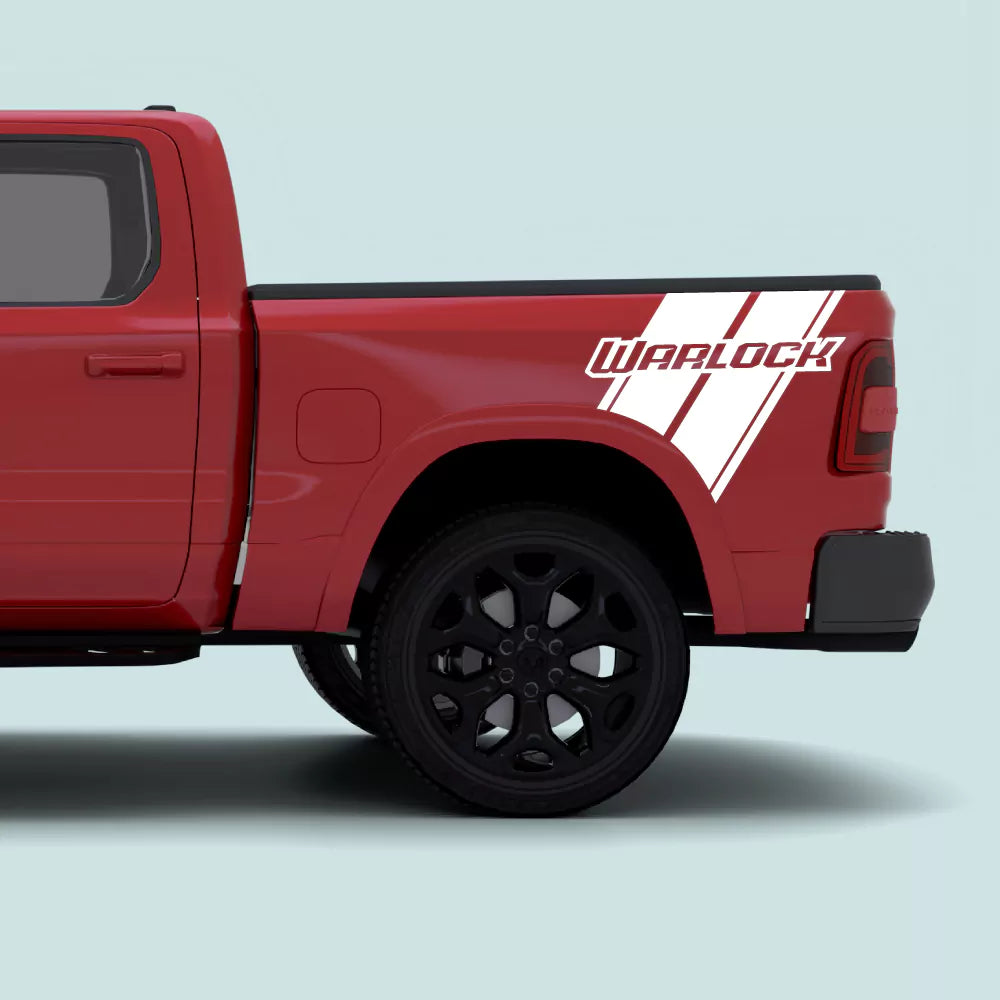 2019-present Ram 1500 with white Warlock side bed stripe decals and Warlock text graphics
