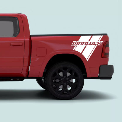 2019-present Ram 1500 with white Warlock side bed stripe decals and Warlock text graphics