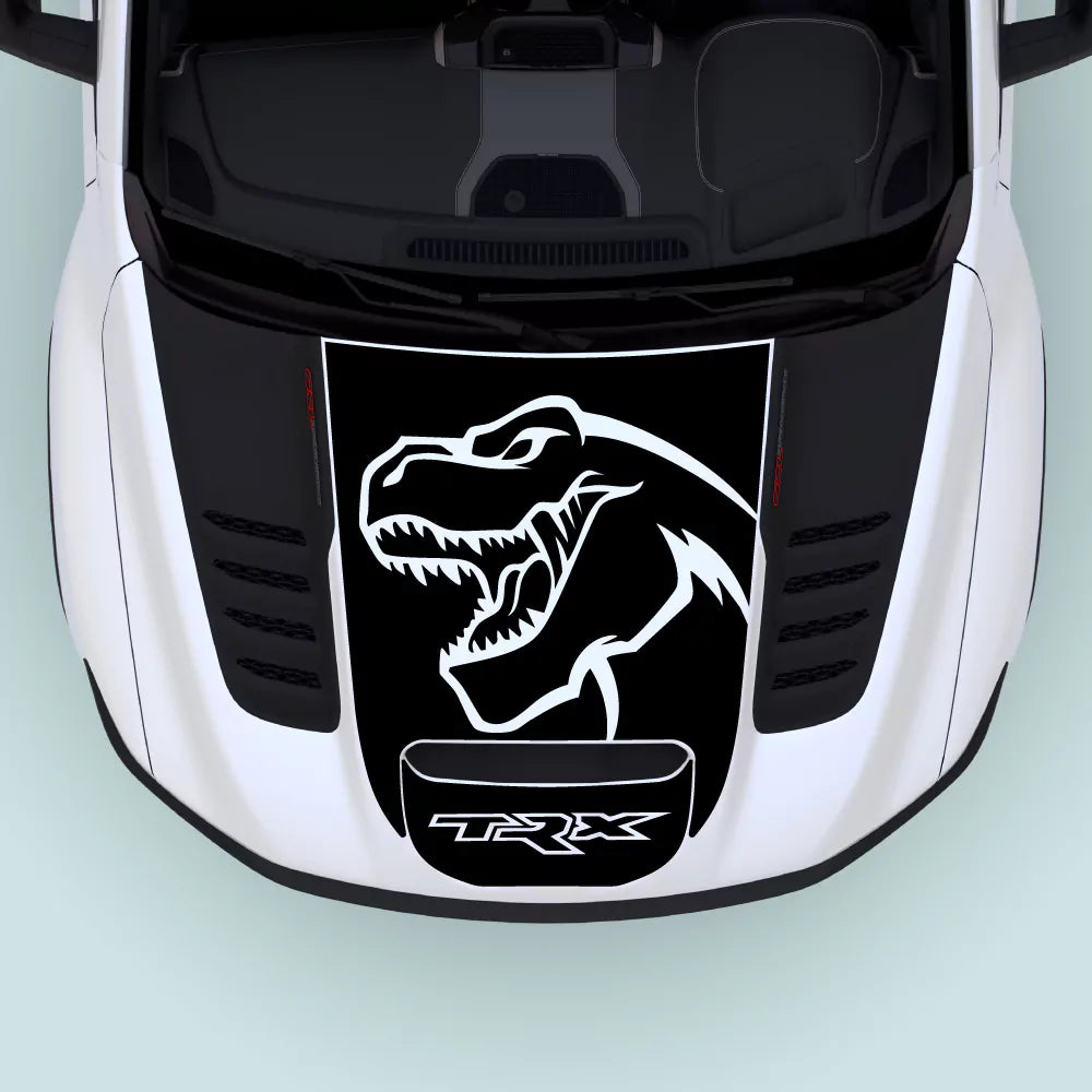 2021–2024 Ram TRX Logo Hood Decal in black installed on the hood center, vehicle-specific vinyl graphics for Ram TRX 2021–2024 models.