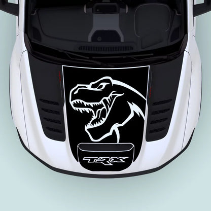 2021–2024 Ram TRX Logo Hood Decal in black installed on the hood center, vehicle-specific vinyl graphics for Ram TRX 2021–2024 models.