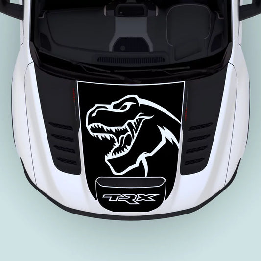 2021–2024 Ram TRX Logo Hood Decal in black installed on the hood center, vehicle-specific vinyl graphics for Ram TRX 2021–2024 models.