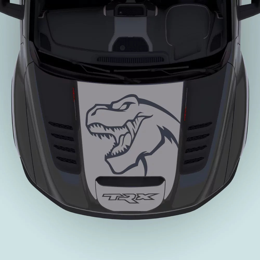 2021–2024 Ram TRX Logo Hood Decal in grey applied to the hood center, custom-fit vinyl graphics for Ram TRX 2021–2024.