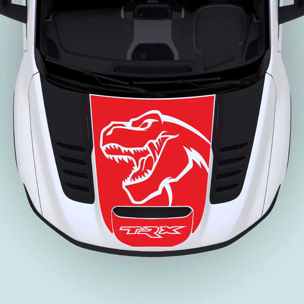 2021–2024 Ram TRX Logo Hood Decal in red installed on the hood center, precision-fit vinyl graphics for Ram TRX 2021–2024.
