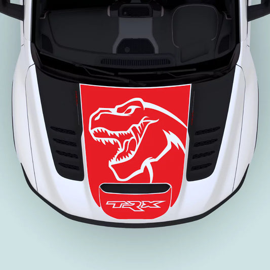 2021–2024 Ram TRX Logo Hood Decal in red installed on the hood center, precision-fit vinyl graphics for Ram TRX 2021–2024.