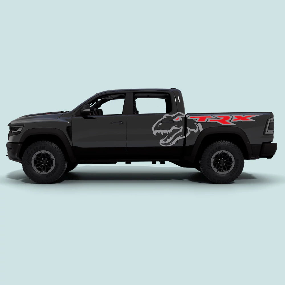 Ram TRX Dinosaur XL side decals in grey for 2021-2024 Ram TRX side doors and bed panels