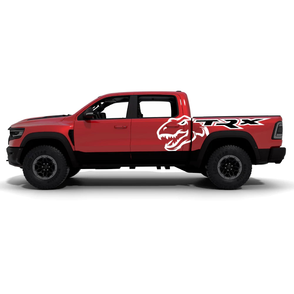 Ram TRX Dinosaur XL side decals in white for 2021-2024 Ram TRX side doors and bed panels