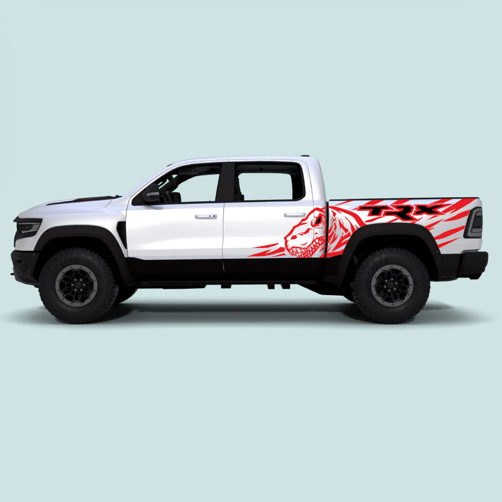 2021-2024 Ram TRX Dinosaur XXL Bed Decals in red for side doors and rear bed panels