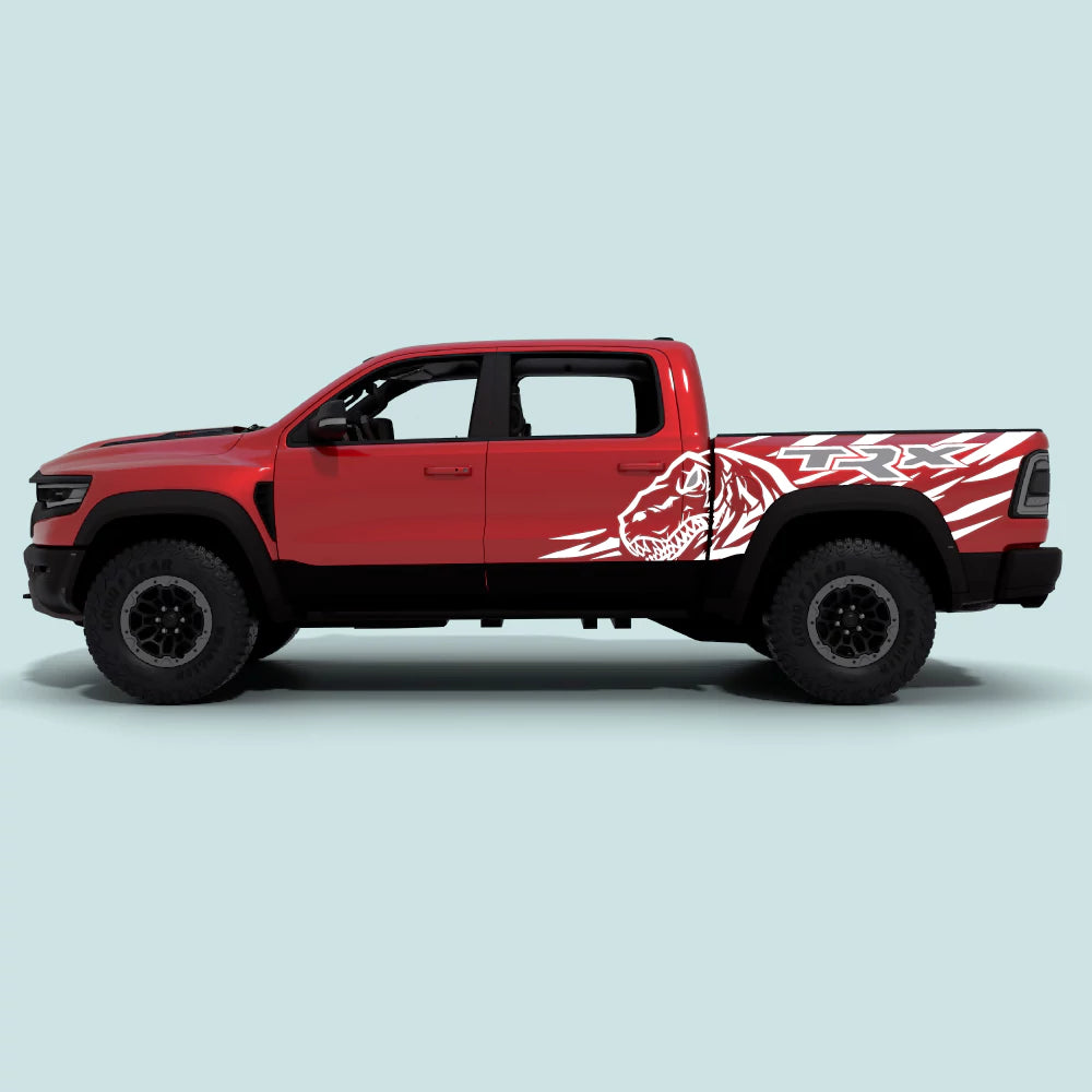 2021-2024 Ram TRX Dinosaur XXL Bed Decals in white for side doors and rear bed panels