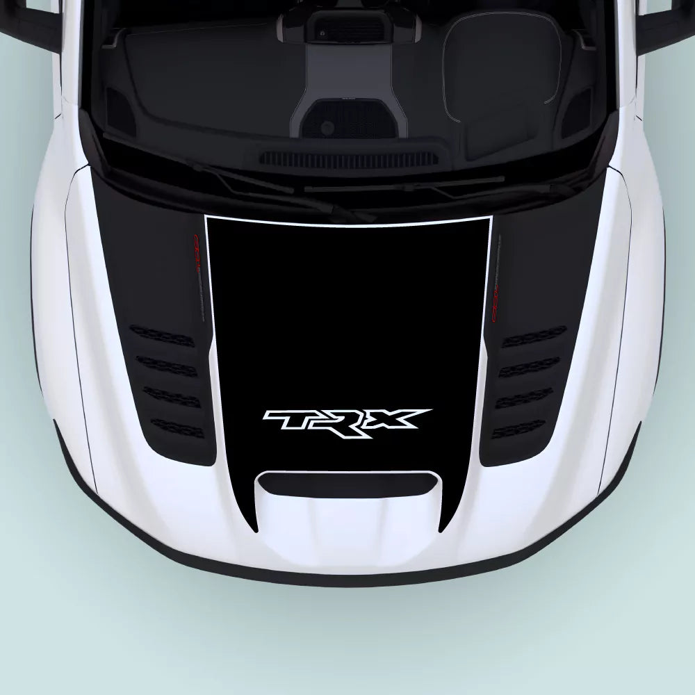 2021–2024 Ram TRX Text Hood Decal Black vinyl graphic installed on hood center for Ram TRX models with bold TRX text design.
