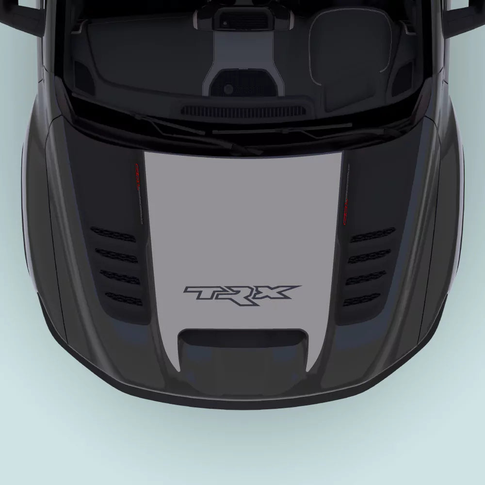 2021–2024 Ram TRX Text Hood Decal Grey vinyl graphic designed for the hood center of Ram TRX 2021–2024 models with TRX text.
