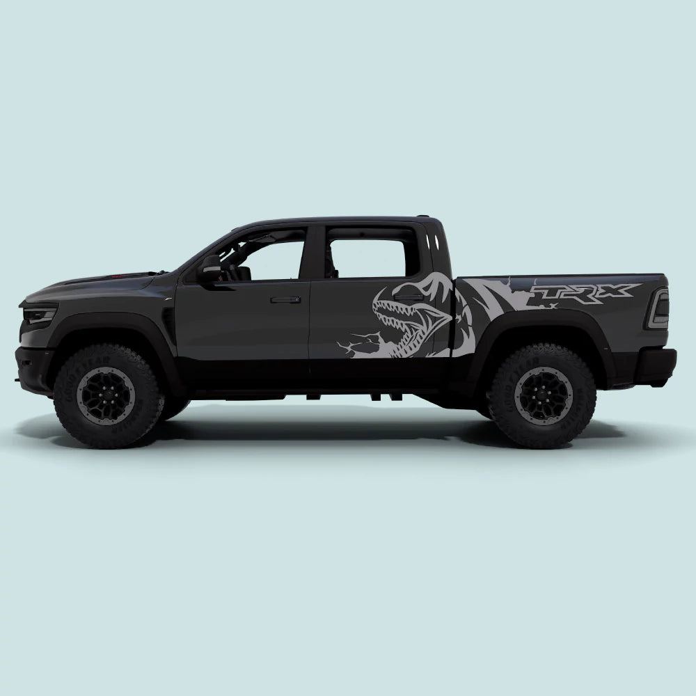 2021-2024 Ram TRX Predator door and bed side decals in grey vinyl graphics on driver and passenger sides