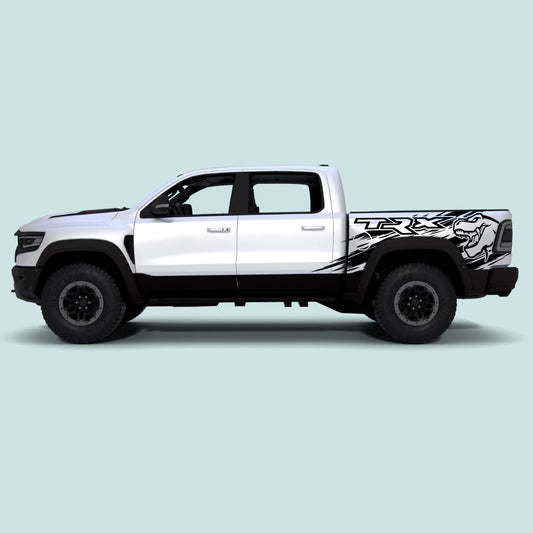 2021-2024 Ram TRX with black TRX Splash bed side decals on side doors and rear bed panels