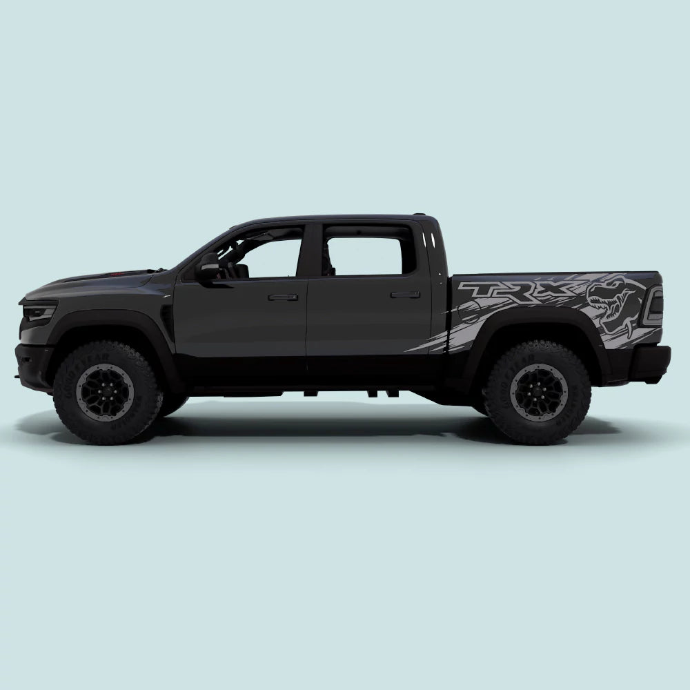 2021-2024 Ram TRX with grey TRX Splash bed side decals on side doors and rear bed panels