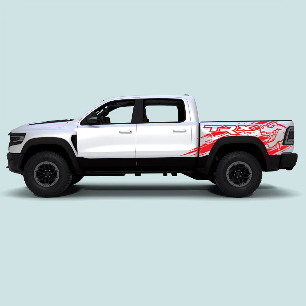 2021-2024 Ram TRX with red TRX Splash bed side decals on side doors and rear bed panels