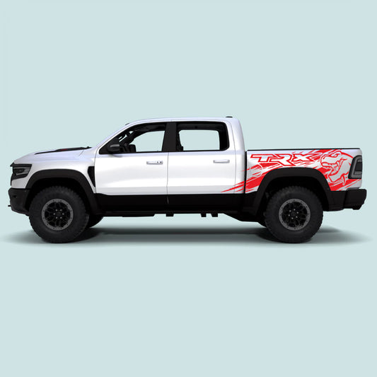 2021-2024 Ram TRX with red TRX Splash bed side decals on side doors and rear bed panels