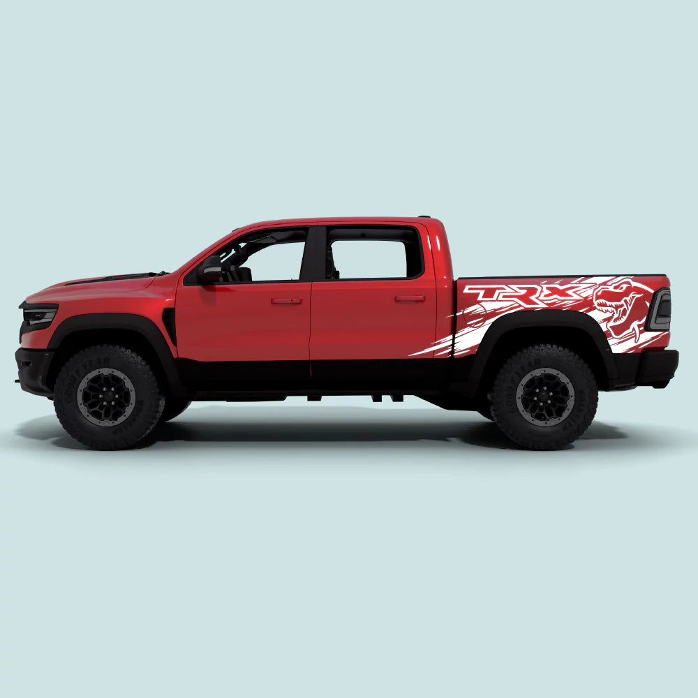 2021-2024 Ram TRX with white TRX Splash bed side decals on side doors and rear bed panels