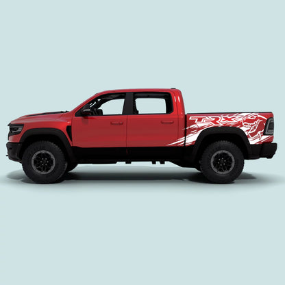 2021-2024 Ram TRX with white TRX Splash bed side decals on side doors and rear bed panels