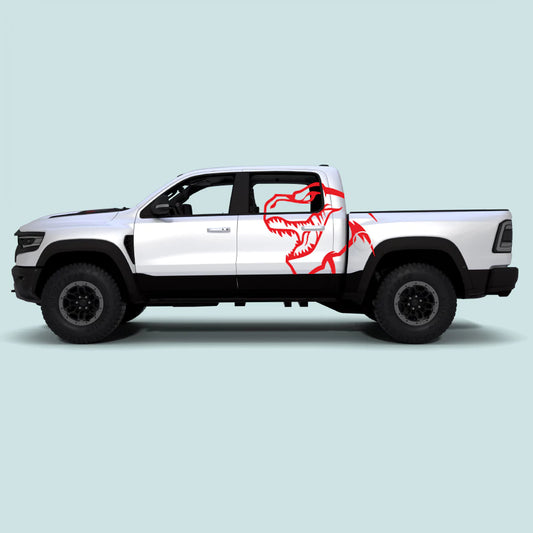 2021-2024 Ram TRX with red TRX T-Rex XXL side decals on side doors and rear bed panels