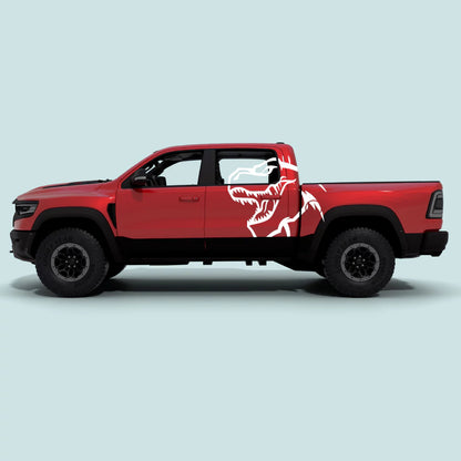 2021-2024 Ram TRX with white TRX T-Rex XXL side decals on side doors and rear bed panels