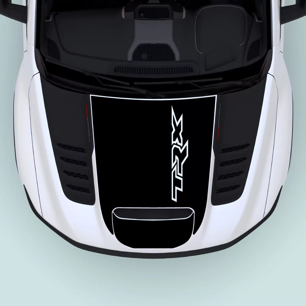 2021–2024 Ram TRX Hood Decal in Black installed on the hood center. Precision-cut vinyl graphics designed to fit Ram TRX 2021–2024 models.