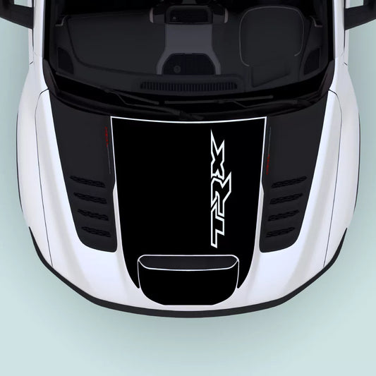 2021–2024 Ram TRX Hood Decal in Black installed on the hood center. Precision-cut vinyl graphics designed to fit Ram TRX 2021–2024 models.