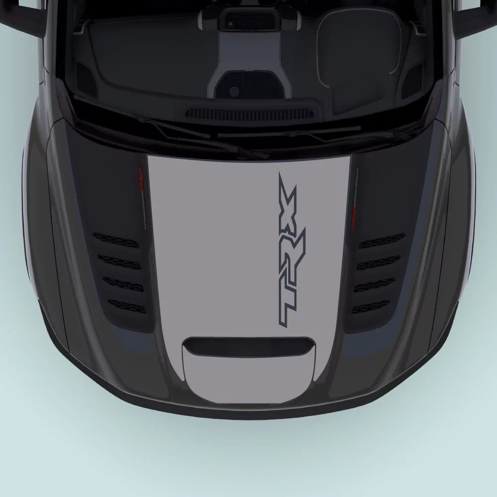 2021–2024 Ram TRX Hood Decal in Grey for the hood center. Vehicle-specific vinyl graphics designed to fit Ram TRX 2021–2024 models.