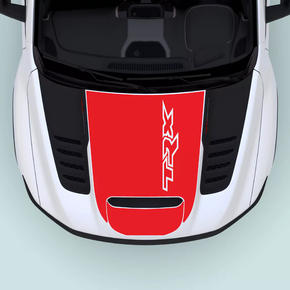 2021–2024 Ram TRX Hood Decal in Red for the hood center. Vehicle-specific vinyl graphics designed for Ram TRX 2021–2024 models.