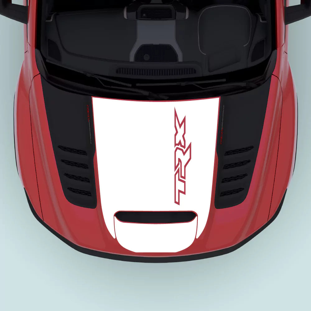2021–2024 Ram TRX Hood Decal in White applied to the hood center. Precision-fit vinyl graphics compatible with Ram TRX 2021–2024.