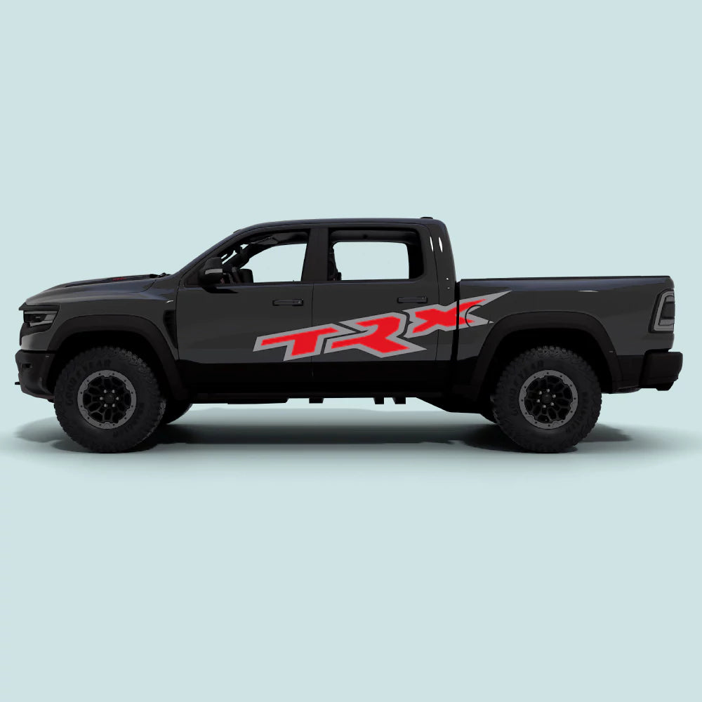 2021-2024 Ram TRX XXL side door and bed decals in grey vinyl graphics for driver and passenger side doors and rear bed panels