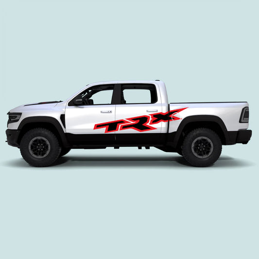 2021-2024 Ram TRX XXL side door and bed decals in red vinyl graphics for driver and passenger side doors and rear bed panels