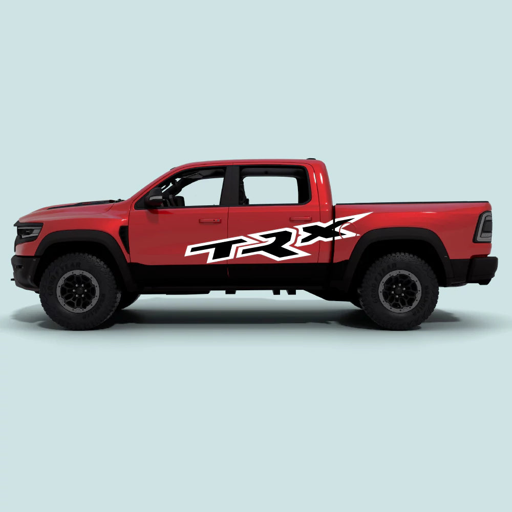 2021-2024 Ram TRX XXL side door and bed decals in white vinyl graphics for driver and passenger side doors and rear bed panels