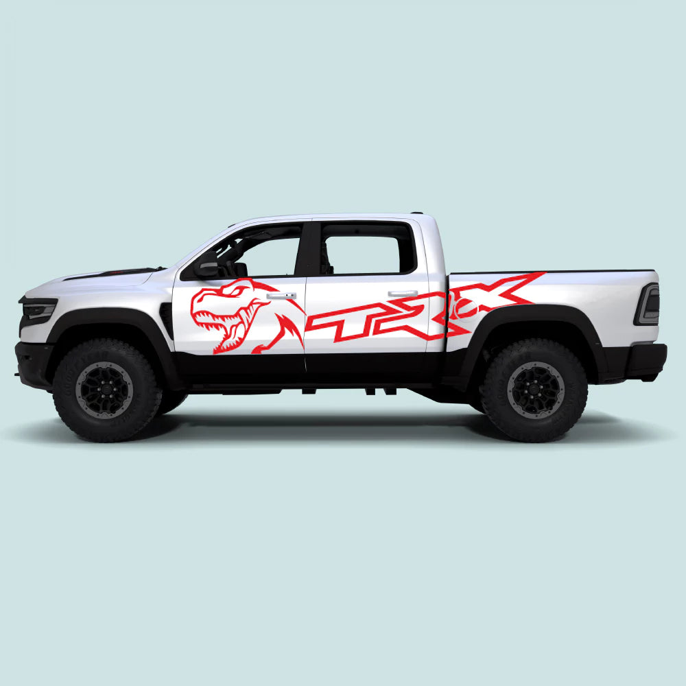 2021-2024 Ram TRX with red TRX XL Side Decals on side doors and rear bed panels