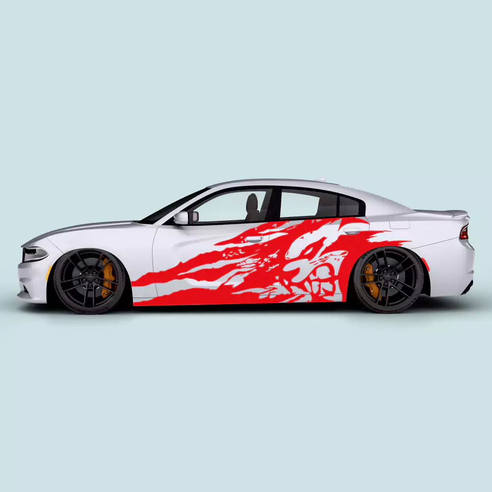Red Hellcat face claw side decals for Dodge Charger 2011-2023 driver and passenger door graphics